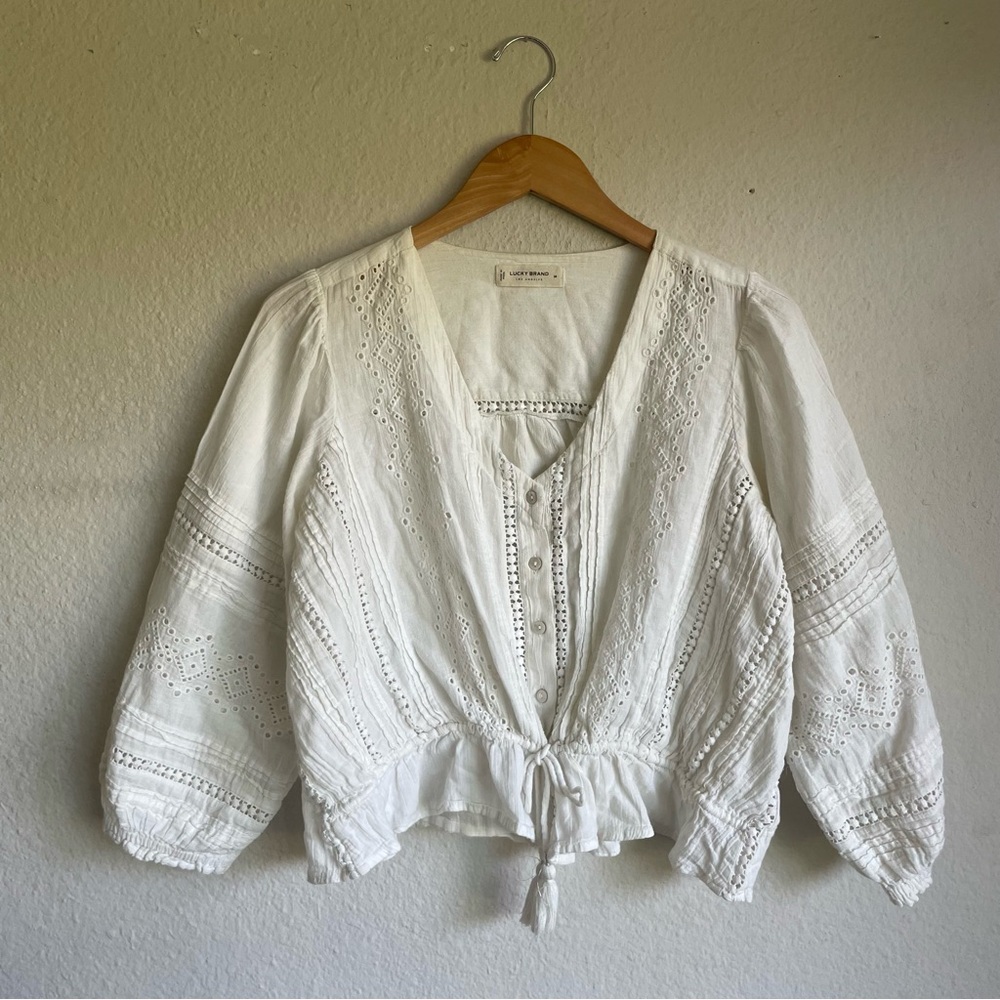Lucky Brand White Eyelet Tie-Front Peasant Blouse